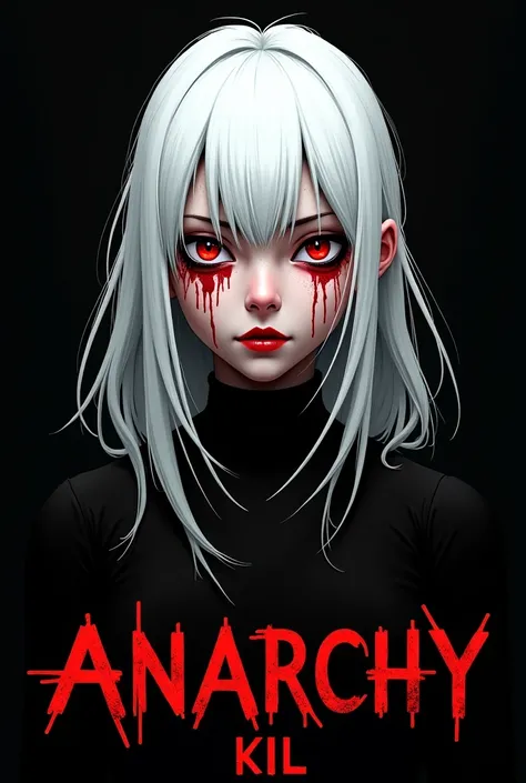  black book cover titled: "anarchy" by  "KiL". It shows a white-haired girl with blood on her face