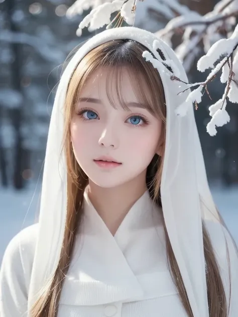 [a white lighting translucent phantom made of snow], dark muted tones, The white, A world covered in snow, branches covered with snow, cold winter touch, Unparalleled beauty, Lustrous firm and shiny skin, Bangs between the eyes, Glossy straight beautiful p...