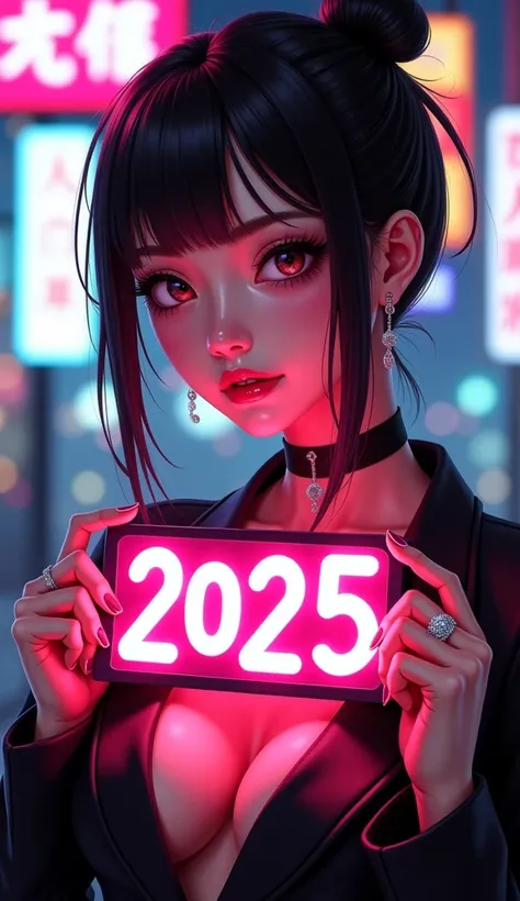 (masterpiece, Highest quality, 8k, Sharp focus, Depth of written boundary, Best Shadow, Perfect lighting, High resolution, Realistic skin texture, ultra-detailed background, detailed), Anime Style, Young top-class Chinese beauty holding a 2025 sign (He is ...