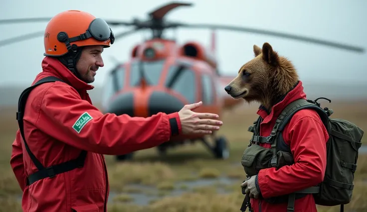 Side View: A rescuer gestures toward the bears with a calm demeanor, while another team member prepares a harness. The helicopter is in the background, with its blades gradually slowing down. Red colour man suit and helicopter Red colour.