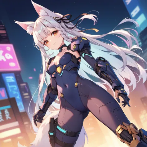 masterpiece,  top quality , perfect face,   Highest Resolution  ,  top quality , Foxy   1 girl, young,  slender body, grayish white hair color,  long hair,  One Side Braided Grated , Big cat eyes , upturned eyes, golden eyes,  cyberpunk, dark blue mechanic...