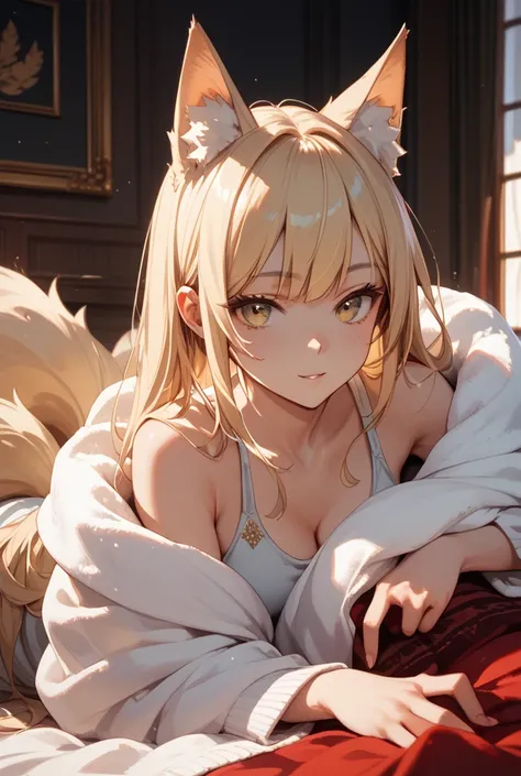 Kitsune dark hair blonde eyes slim  with clothes for the cold in the middle of a blanket 