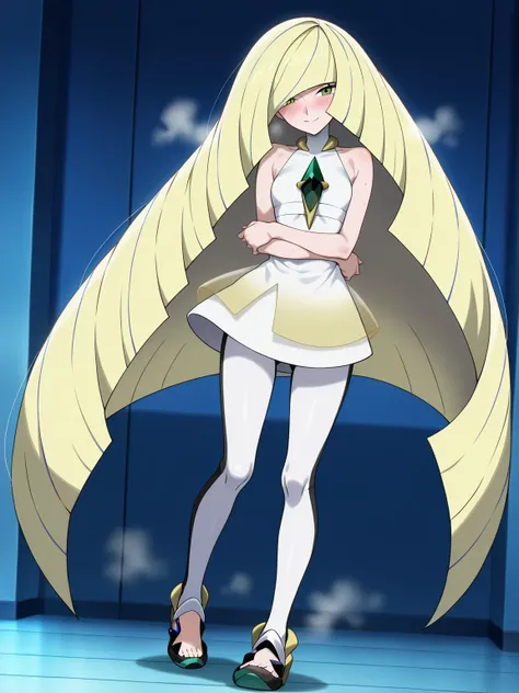 score_9, score_8_up, score_7_up,masterpiece, best quality, (anime screencap),(source_anime), anatomically correct,
(front view,girl focus),(1girl,solo),(lusamine/(pokemon/)),mature female, very long hair, gem, sleeveless dress, short dress, white leggings,...