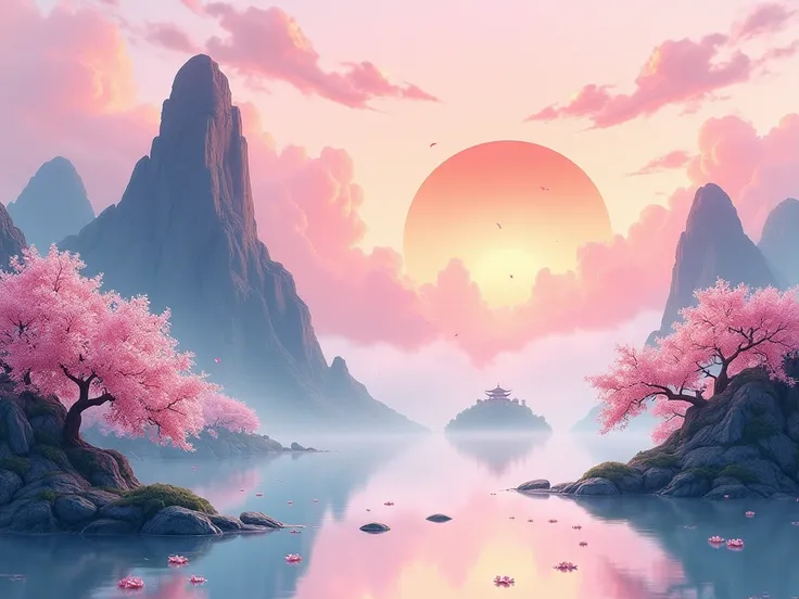 High mountains, China with clouds, sunset with cherry blossoms in bloom, cherry blossoms fly, see the island on the other side. The picture is a watercolor image.