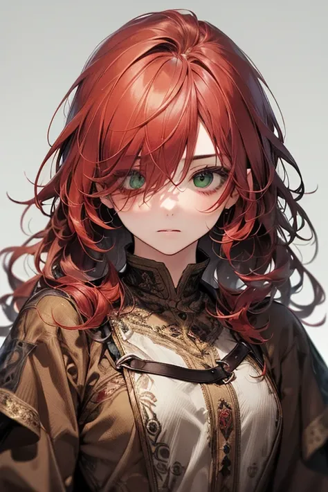 (excellent quality), (high resolution), (absurdreasterpiece), ((adult woman)), red hair, disheveled hair, curly long hair, ((writter)), character looking at the camera, detailed face, ((medieval)), ((bang)), (((simple clothes))), (portrait), (small eyes), ...