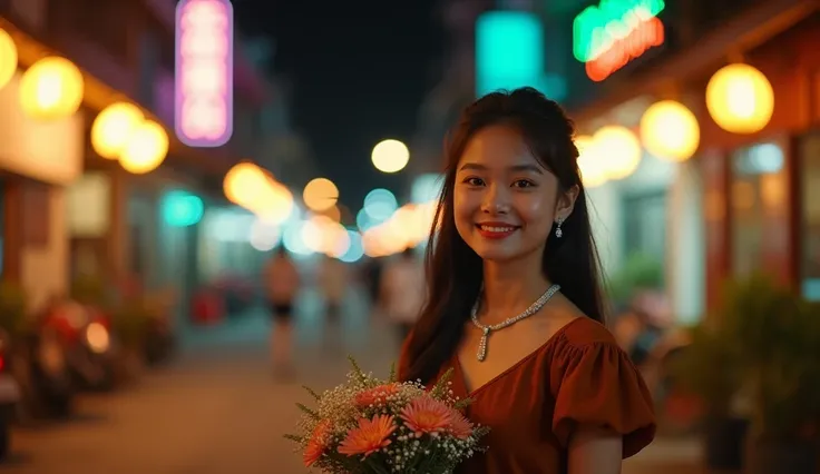 A young Asian Khmer girl, likely in their late teens or early twenties, stands on a Angkor wat street at night. The woman, has long dark hair styled in a 1950s-inspired updo. She is wearing a vibrant brown, short-sleeved dress, and diamond necklace. Her ex...