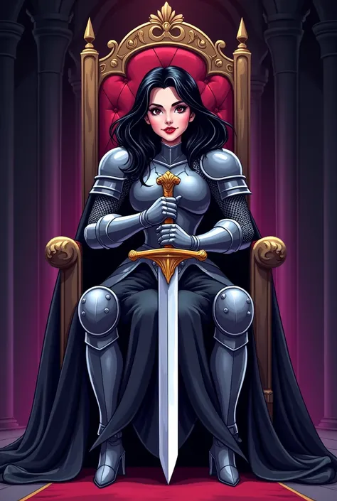 90s cartoon illustration of a dark-haired vampire princess on a throne with plate armor, fanged smile, winking, holding sword, black and purple background, kat dennings, emma watson