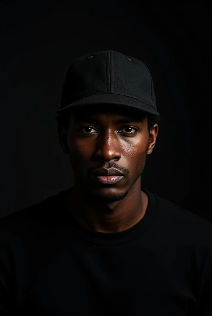 Young man in black black skin black background with serious mode cap