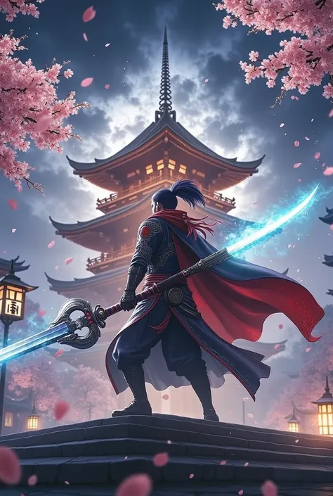  The superhero is in the courtyard of an ancient Japanese temple illuminated by a warm lantern light .  His futuristic costume is now accented with intricate dragon motifs , symbolizing protection and wisdom .  They hold the Kusanagi sword horizontally ,  ...