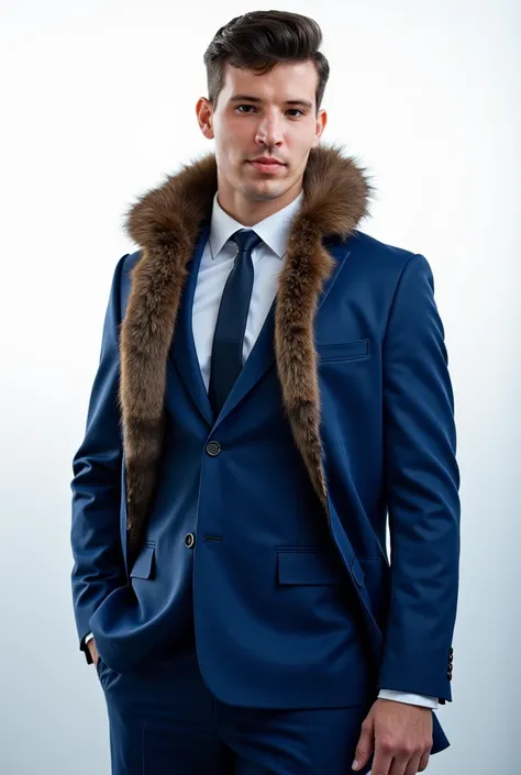  Photo 3x4 young male with that face, blue suit,  strong medium-sized young man ,  fur coat with white background, realistic photo without a smile  