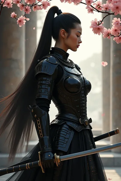 Schematic infographic, Eve, the samurai Empress of japan, pure beauty, slender voluptuous body,brave and the bold, ponytail straight long hair, intricate detail complex black futuristic samurai armor, epic sensual pose,in the castle of god, carrying blade,...