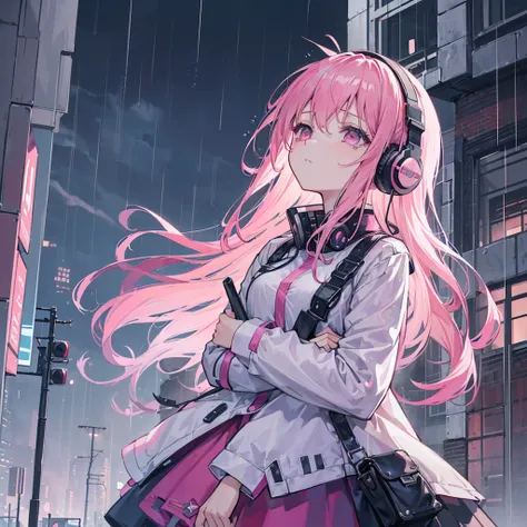 ((construct of A girl is looking up ot sky and crying at a rainy ruins)), she have pink hair, she is wearing headphones and Futuristic Jacket, (((she is holding a dead body in her arms: 1.3))), wide shot, 16k, masterpiece, super detail, best quality