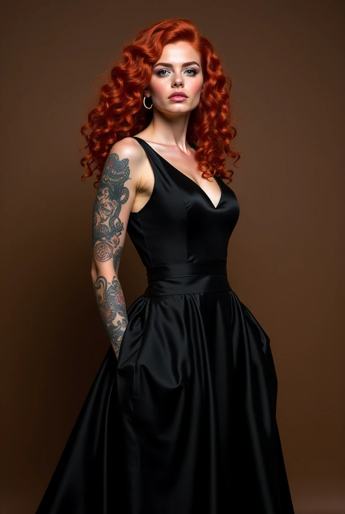   A woman with curly red hair ,  dressed in a long black dress ,  a muscular man dressed as a barista all tattooed, with a hairless face ,  your left , From a maximum of 27 years old ,  with straight hair and fair skin .