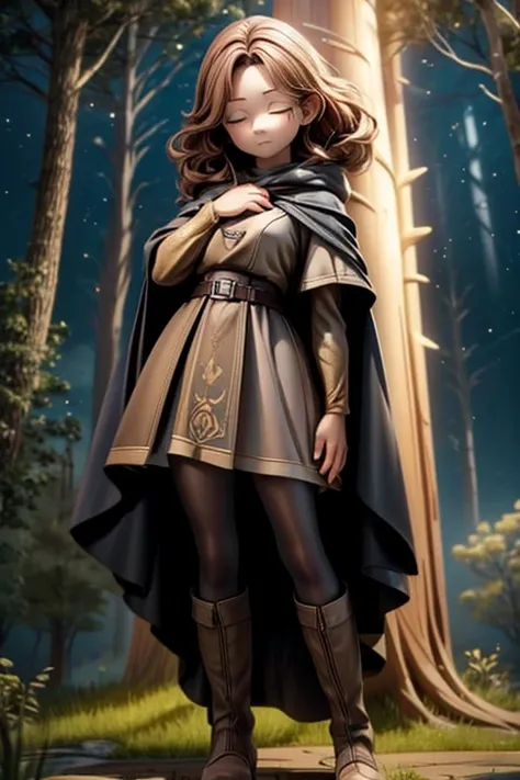 best quality, masterpiece, melina (elden ring),1 girl, solo, brown hair, curly hair, black cloak with hood,orange eyes,tunic,belt,boots,full body, ashes and sparks in the air, (closed left eyes:1.5),(Scar on left eyes:1.5), 8k, high resolution, ultra detai...