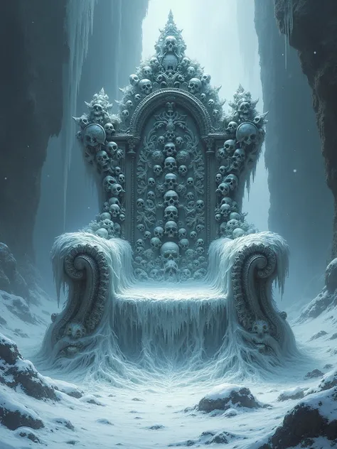 The cover of a book has .

At the center of the cover is a throne made of frost and skulls 