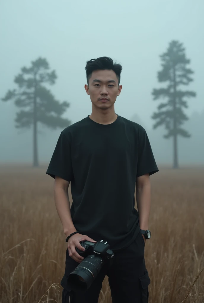 A handsome Korean man with slickback hair, wearing a black bracelet, standing in the middle of a vast meadow with dry grass underneath. He is wearing a black t-shirt  and black cargo pants, The man is holding a DSLR camera. A thin mist covers the backgroun...