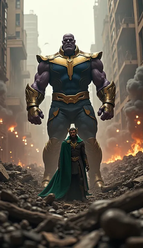 Create cinematic superhero Thanos and Loki prompts at the scene of the destruction of the city in a cinematically realistic atmosphere