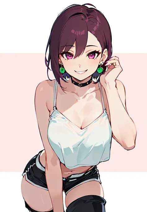 (((a young woman))), ((((((solo)))))), (((Ayase Momo from Dandadan))), (((short hair))), (((wine-colored hair))), (((magenta eyes))), (((medium breasts))),thick thighs, with (((a white top with straps))), (((tight black shorts with pink details))), (((long...