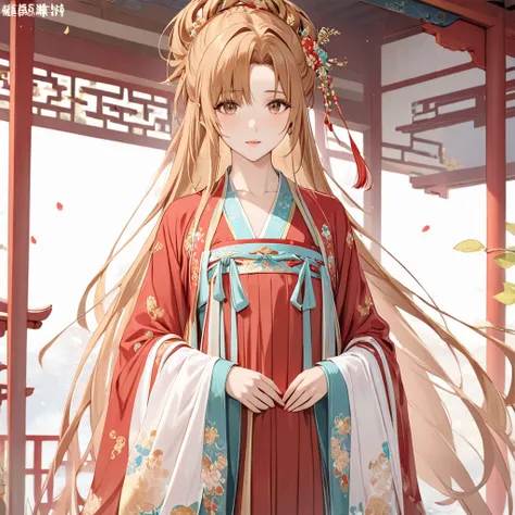 (( top quality )), ((masterpiece)), ( Details), （perfect face）、The bright brown-haired Yuki Asuna wears red ancient Chinese Hanfu with gorgeous and enchanting golden embroidery and edging