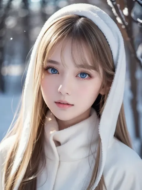 [a white lighting translucent phantom made of snow], dark muted tones, The white, A world covered in snow, branches covered with snow, cold winter touch, Unparalleled beauty, Lustrous firm and shiny skin, Bangs between the eyes, Glossy straight beautiful p...