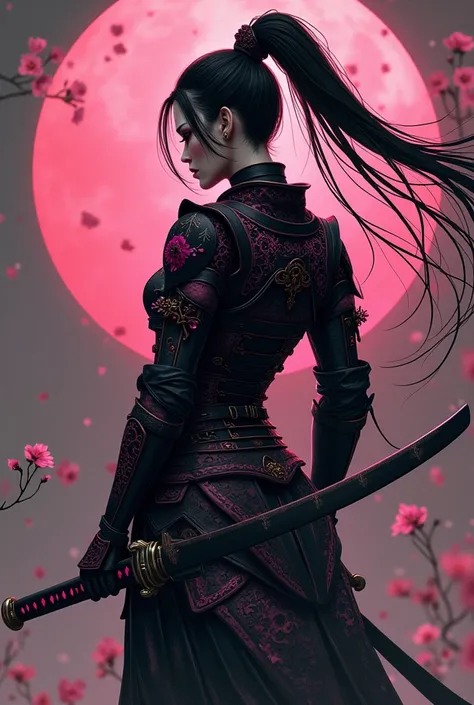 Schematic infographic, Eve, the samurai Empress of japan, pure beauty, slender voluptuous body,brave and the bold, ponytail straight long hair, intricate detail complex black And pink futuristic samurai armor, epic sensual pose,in the castle of god, carryi...