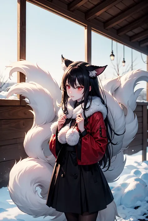 Kitsune woman with dark fur, red eyes/pale skin, small in clothes for him, cold in the middle of a snowstorm in an old cabin. 