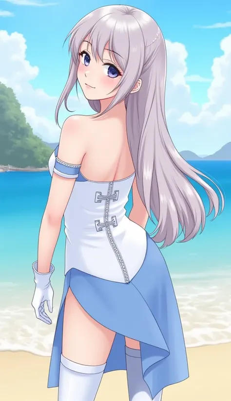 ((best quality)), ((masterpiece)), ((1girl)), solo, Ferry, ((long hair)), FerryBase, ((thighhighs)), bare shoulders, ((jewelry)), ((sleeveless)), white dress, blue skirt, ((gloves)), thigh-high, from behind.