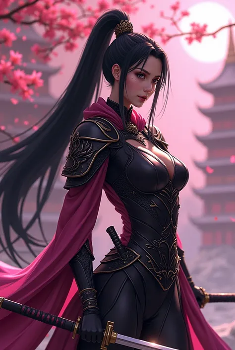 anime, Eve, the samurai Empress of japan, pure beauty, slender voluptuous body,brave and the bold, ponytail straight long hair, intricate detail complex black And pink futuristic samurai armor, epic sensual pose,in the castle of god, carrying blade, dark m...