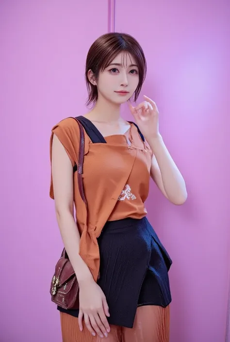 Beautiful young Japanese woman with her upper body turned back extremely wide from the front. Flowing hair, bright colors. Her clothing accentuates the contours of her body. Hands on hips. Her face is visible. Background is a soft pastel purple, warm and a...