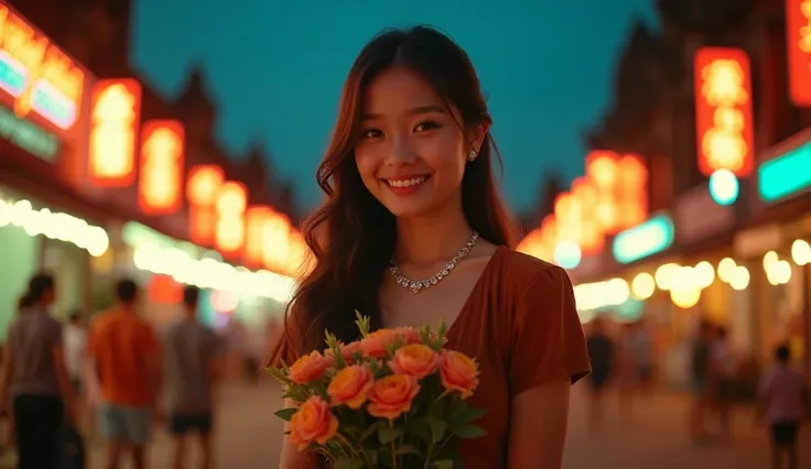 A young Asian Khmer girl, likely in their late teens or early twenties, stands in front of the Angkor wat at night. The woman, has long dark hair styled in a 1950s-inspired updo. She is wearing a vibrant brown, short-sleeved dress, and diamond necklace. He...