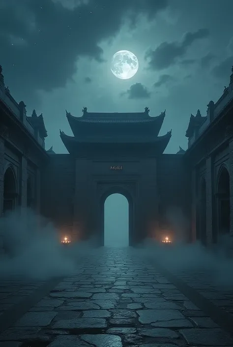 A large ancient palace with grand architecture, surrounded by dense fog and dim moonlight. The palace is known for its four large ornate doors. The atmosphere is mysterious, and the sky is filled with stars and dark clouds. The palace appears aged but maje...