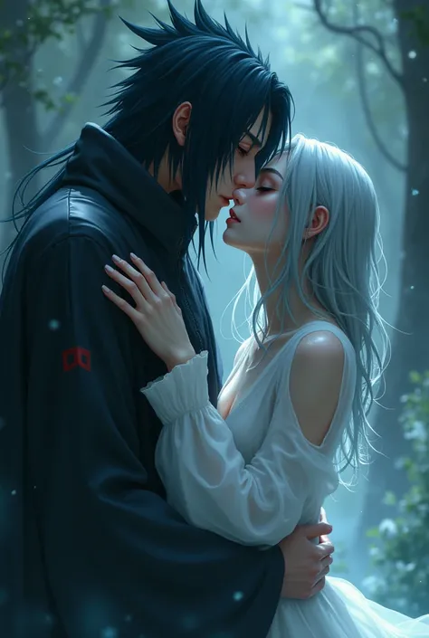 A girl character with whitish eyes ,sexy figure and pale body, ghostier body  gray hair Naruto verse kissing itachi uchiha the mangekyu sharingan holder