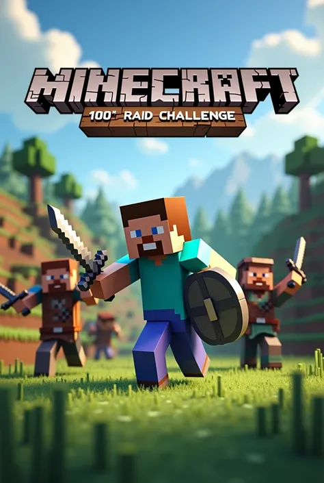 Create a thumbnail image for a video where the original minecraft logo must be at the top and the words "100 raids challenge" at the bottom there can be steve and pillagers trying to kill him