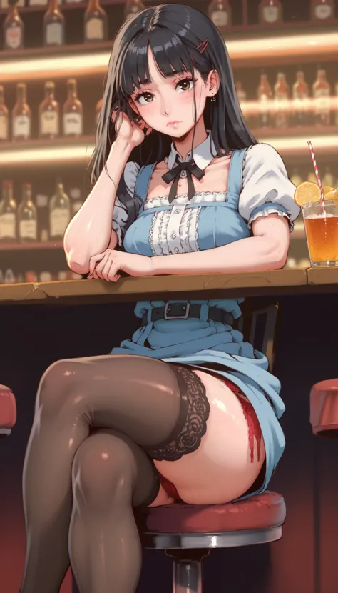 A clueless girl , sitting, very shy, in a restaurant , dress ,red panties, panties under the skirt with a lot of dark hair ,  Dark pubic hair , You can see the , 8K, HDR-10,  super detailed , seen from under the skirt,Hands on the bar ,having a drink,Waist...