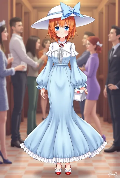 Anime style 
Woman
Orange hair
Cut hair
Short hair
Fringe hair
Blue eyes
Red lips
Light blue dress 
Long dress
Dress elegant 
Dress formal
Mermaid long dress
Covered legs with dress 
Covered feets with dress 
Red hairband
White heels
White Hat fashion with...