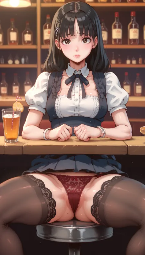 A clueless girl , sitting, very shy, in a restaurant , dress ,red panties, panties under the skirt with a lot of dark hair ,  Dark pubic hair , You can see the , 8K, HDR-10,  super detailed , seen from under the skirt,Hands on the bar ,having a drink,Waist...