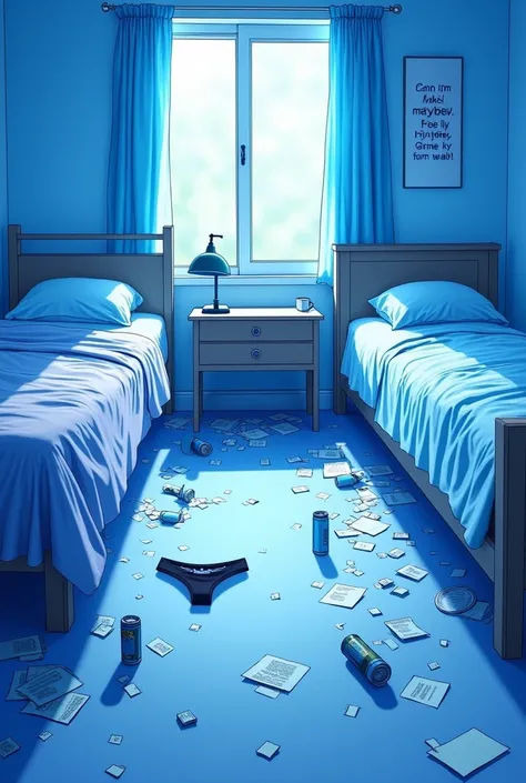 Create a room,  with shades of blue but that do not obscure the rest of the colors in the room,  that has two separate beds at each end of the room ,  that has a note saying  "Takeda wants you to clean ",  that is seen with clothes thrown and some papers o...