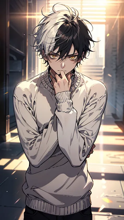 One, male, man, white soft sweater, yellow eyes, direct facial treatment, Short white disheveled messy hair length, color of light and gradient black stripes, sun light, warm light, anime style