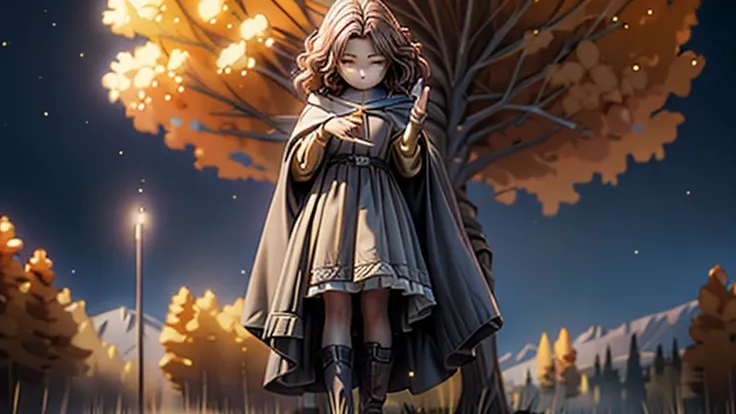 best quality, masterpiece, melina (elden ring),1 girl, solo, brown hair, curly hair, black cloak with hood,orange eyes,tunic,belt,boots,She has a knife, shes coming at the camera, great dynamic,full body, ashes and sparks in the air, (closed left eyes:1.2)...