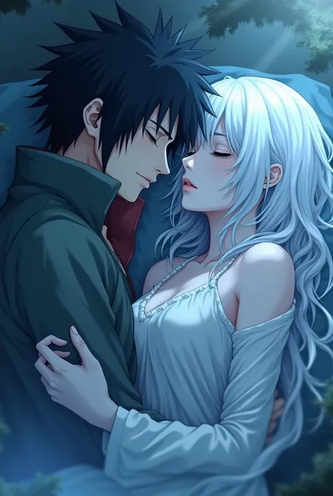 Ithachi uchiha sleeping alongside with A girl  character with white eyes and hair with ghosting bodyly features ,sexy figure and pale body..and them kissing Naruto verse