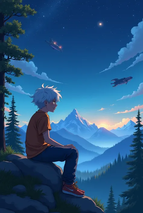  I would like to create a white-haired teenager sitting on a rock with a smile on his face, In the background the mountain view ,  forest and the starry night sky .  I need you to make some ships flying in the sky and dinosaurs grazing ,  besides that I ne...