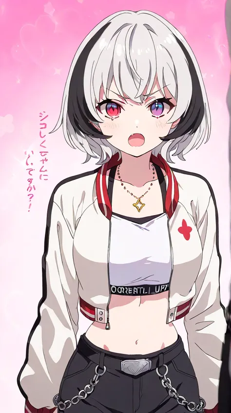 1girl, short hair, silver hair, solo focus, Highress, 2k, best quality, face details. 
Eyes:
heterochromatic, left eyes is blue, right eyes is red.
Clothing Description:

Top: Wearing a white crop top with black straps, layered with black mesh covering the...