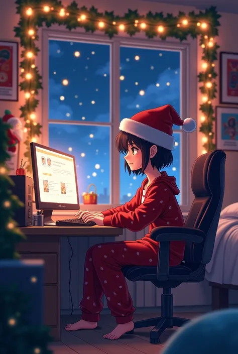 Anime-style masterpiece with geimer rooms decorated for Christmas and sitting at the computer wearing a Christmas hat and wearing Christmas pajamas