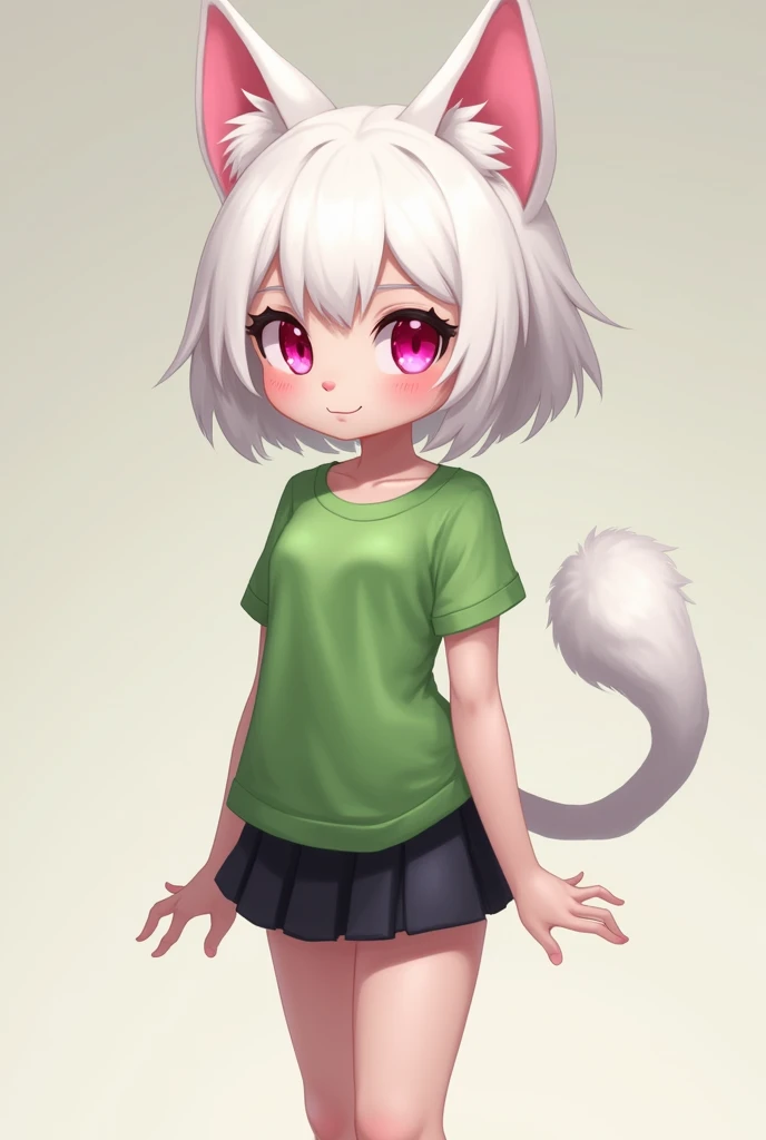 chica, white hair,  pink eyes , with a tail and cats ears,wearing a green t-shirt ,a short black skirt,