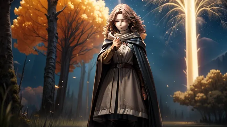 best quality, masterpiece, melina (elden ring),1 girl, solo, brown hair, curly hair, black cloak with hood,orange eyes,tunic,belt,boots,She has a knife, attacking the camera, a done expression, full of dynamism,full body, ashes and sparks in the air, (clos...