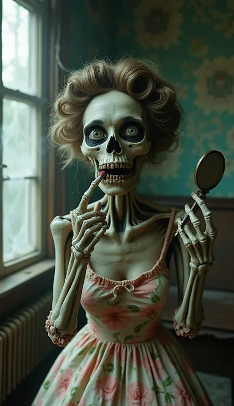 A surreal and haunting portrait of a skeletal zombie-like woman in a decayed, vintage setting. Her gaunt, sunken face has exposed bone structures, realistic and expressive eyes that appear human, and cracked, decayed skin. She wears a tattered, pastel-colo...