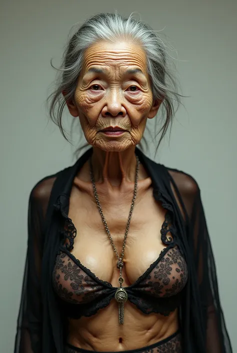 A very edlerly saggy old wrinkly asian lady in her playboy outfit