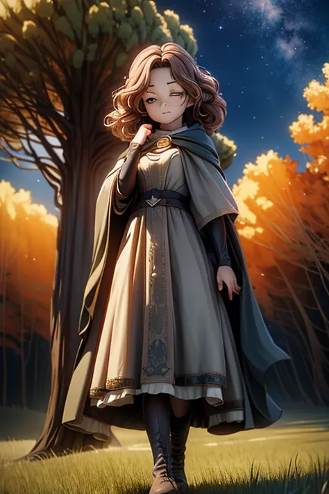 best quality, masterpiece, melina (elden ring),1 girl, solo, brown hair, curly hair, black cloak with hood,orange eyes,tunic,belt,boots,full body, ashes and sparks in the air, (closed left eyes:1.2),(Scar on left eyes:1.2), 8k, high resolution, ultra detai...