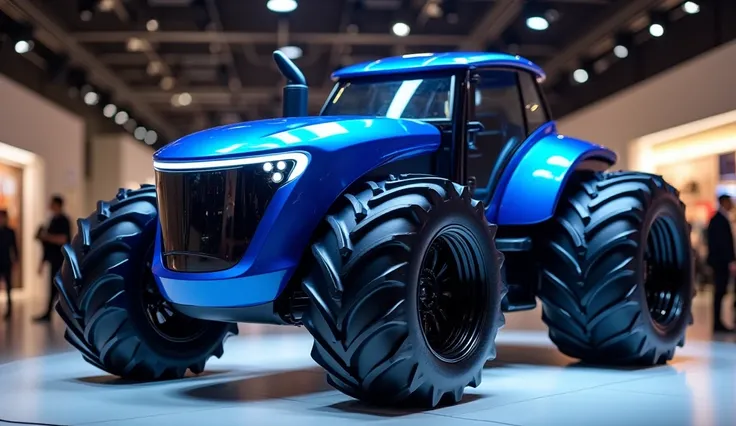 "A futuristic blue tractor with a sleek and modern design, featuring large, robust wheels with thick tires, a glossy and aerodynamic body, and illuminated headlights. The setting is an indoor showroom with bright lighting, showcasing the tractor as a cutti...