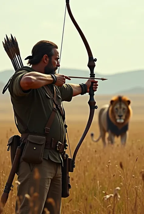 A hunter stands with a bow and arrow, aiming at a lion far away.